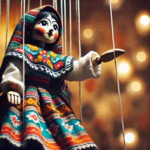 DALL·E 2024 11 30 16.21.09 Une marionnette traditionnelle en bois avec des cordes portant des vetements colores et decores de motifs folkloriques. Elle est suspendue par des fi